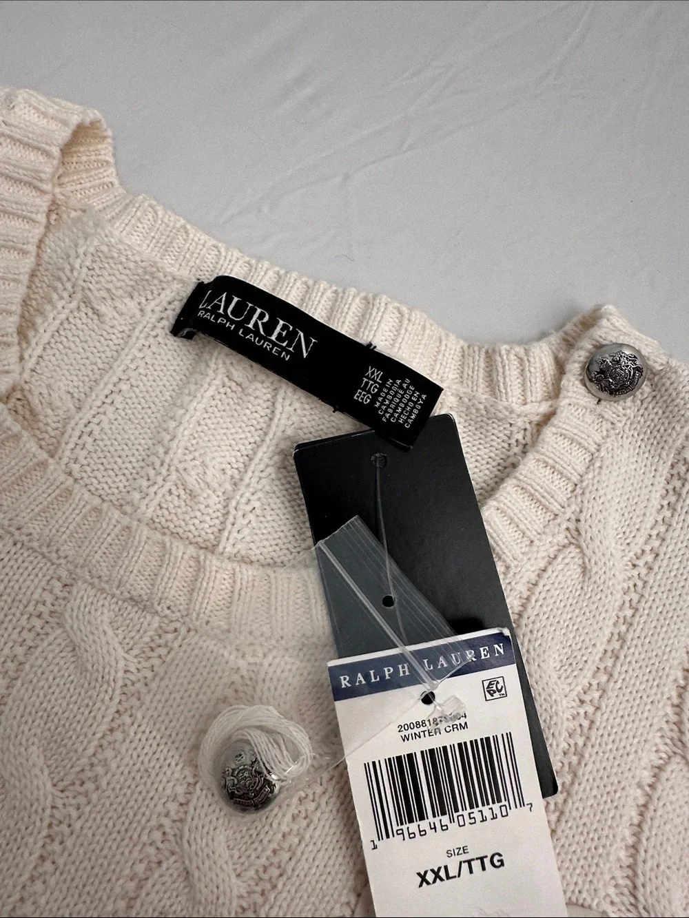 Ralph Lauren Winter Cream cable knit crew neck sweater with appliqué & buttons